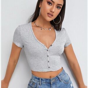 SHEIN Light Gray Button-Down Crop Top